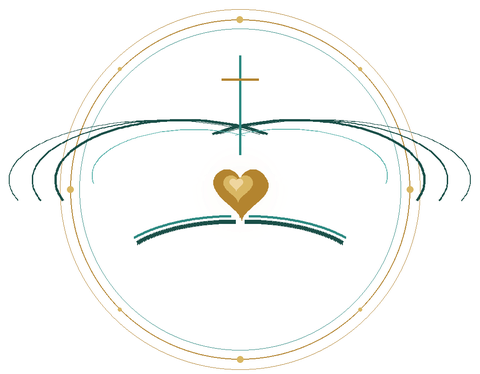 Peaceful Presence Care emblem: a cross and a gold heart inside a gold and teal circle